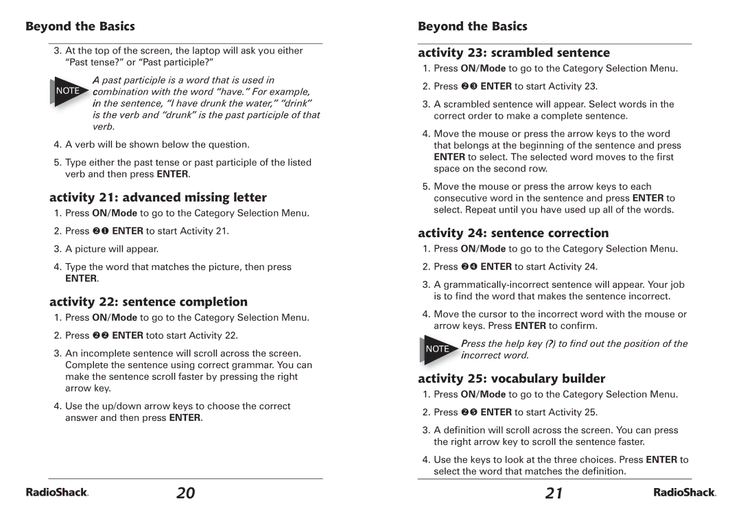 Radio Shack RacioShack Bilingual Learning Laptop Activity 21 advanced missing letter, Activity 22 sentence completion 