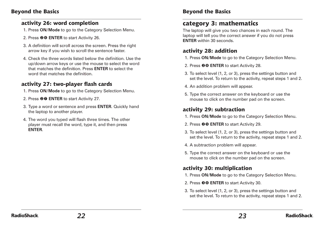 Radio Shack 60-2642, RacioShack Bilingual Learning Laptop manual Category 3 mathematics 