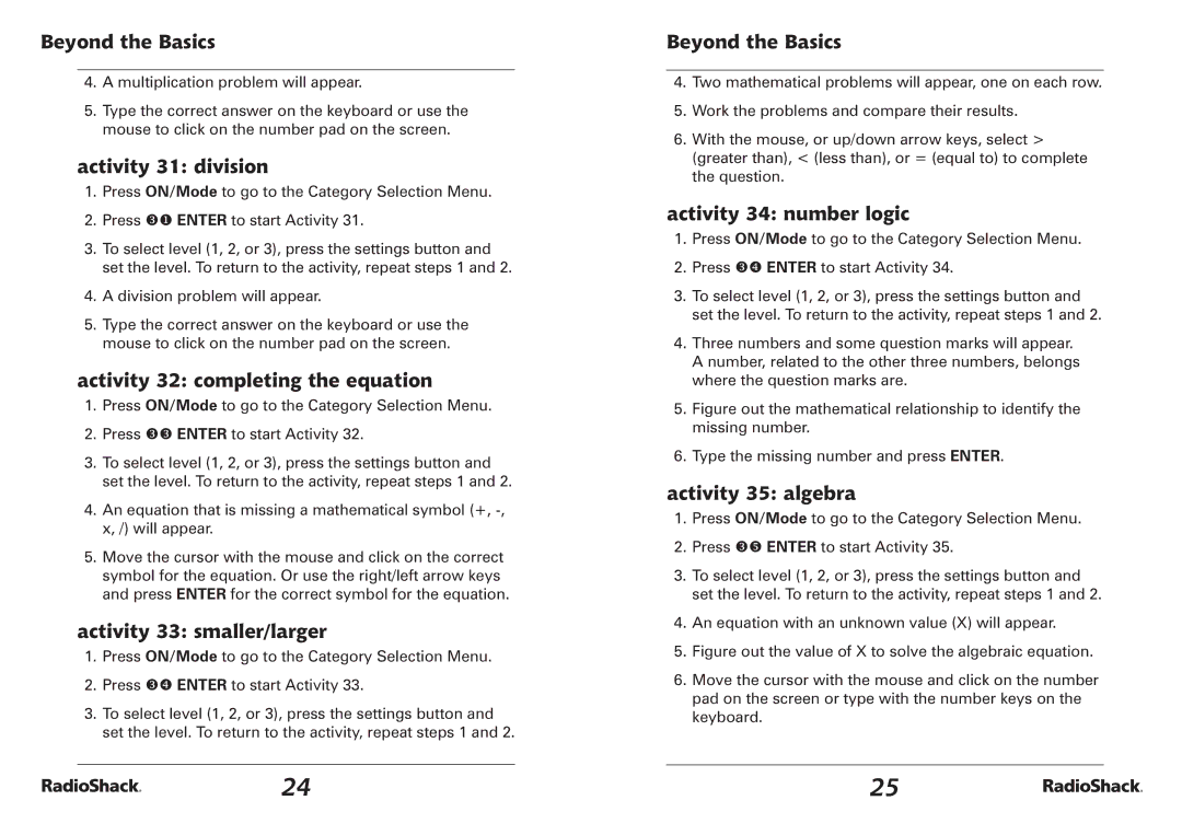 Radio Shack RacioShack Bilingual Learning Laptop, 60-2642 manual Activity 31 division, Activity 32 completing the equation 