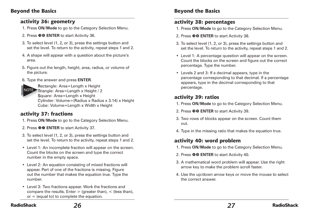 Radio Shack 60-2642 manual Beyond the Basics Activity 36 geometry, Activity 37 fractions, Activity 39 ratios 