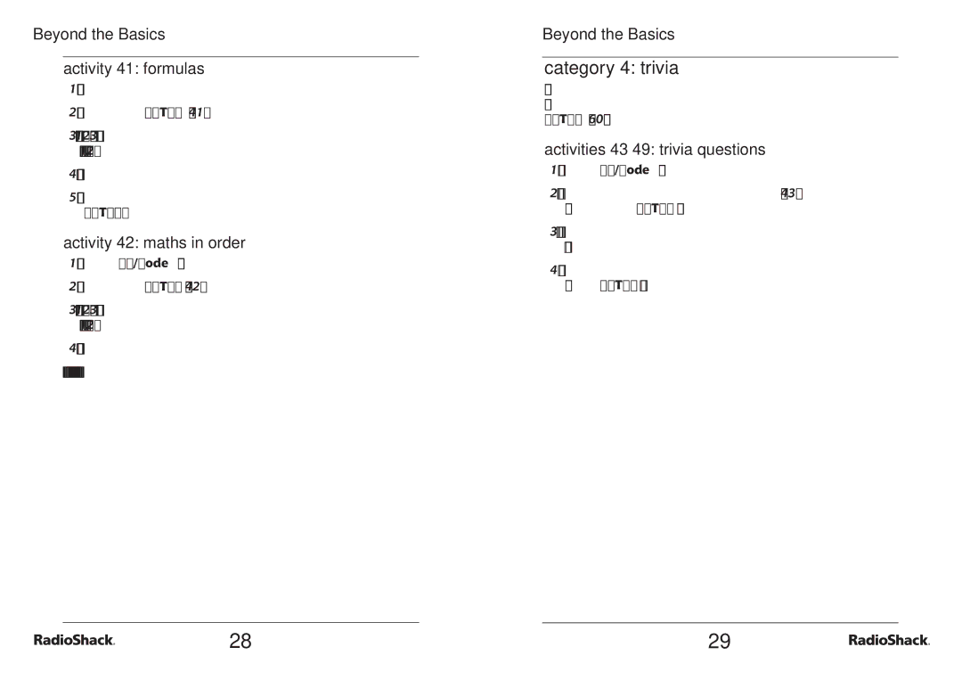 Radio Shack RacioShack Bilingual Learning Laptop, 60-2642 manual Category 4 trivia, Beyond the Basics Activity 41 formulas 