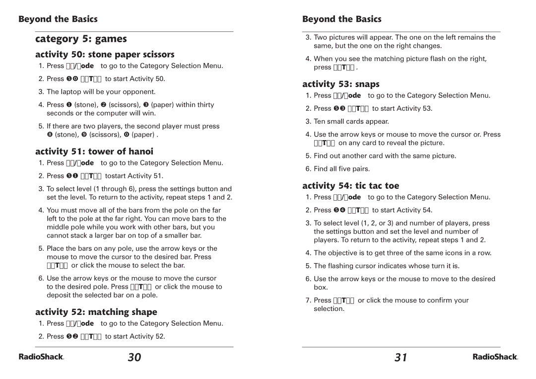 Radio Shack 60-2642, RacioShack Bilingual Learning Laptop manual Category 5 games 