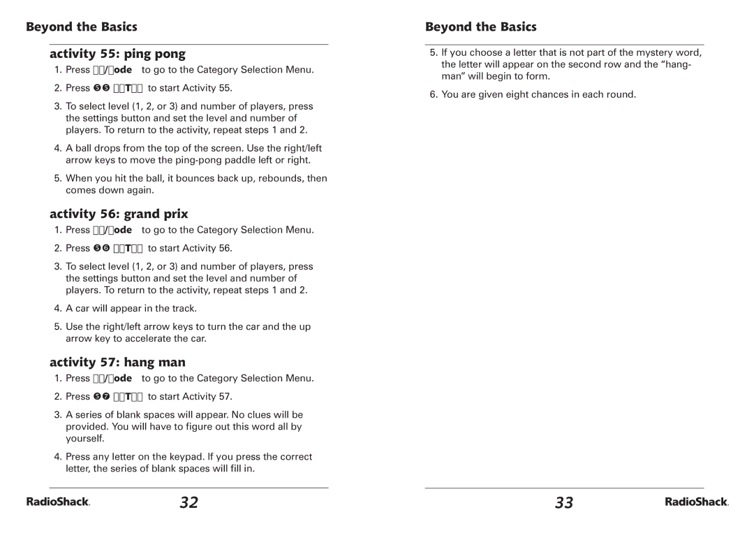 Radio Shack RacioShack Bilingual Learning Laptop, 60-2642 Beyond the Basics Activity 55 ping pong, Activity 56 grand prix 