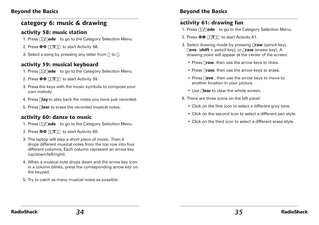 Radio Shack 60-2642 manual Category 6 music & drawing, Activity 58 music station, Activity 59 musical keyboard 