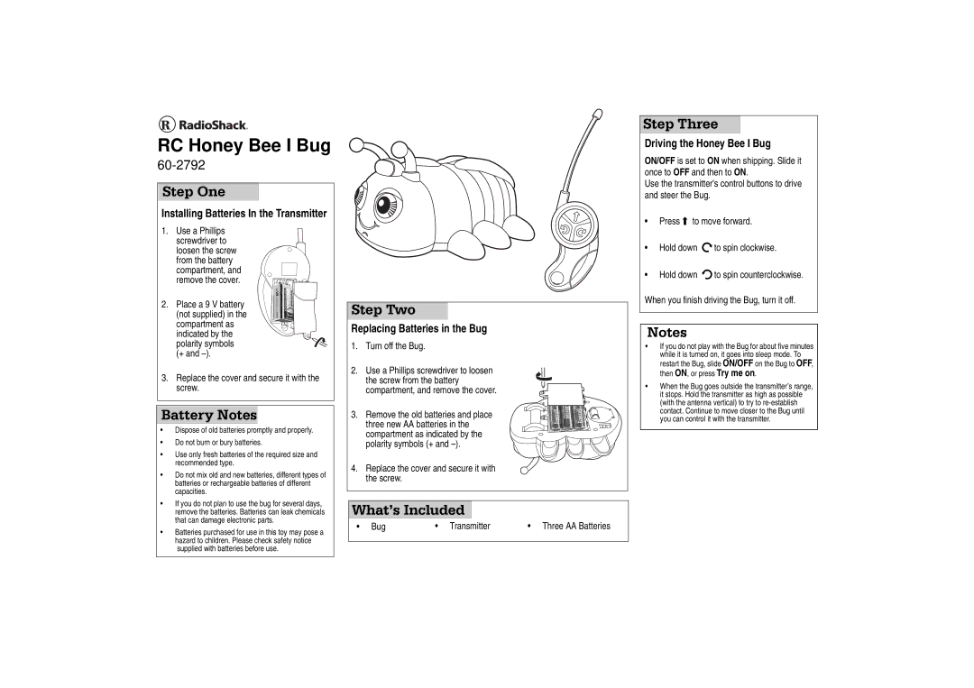 Radio Shack 60-2792 manual Step One, Battery Notes, Step Two, What’s Included, Step Three 