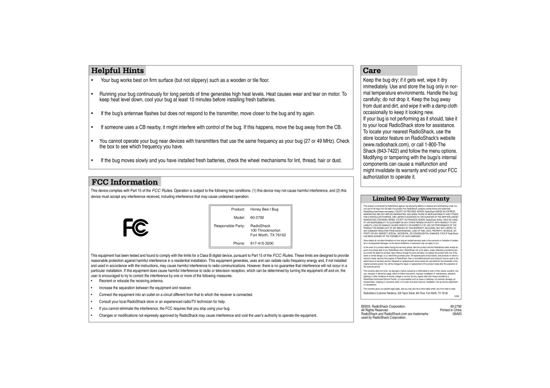 Radio Shack 60-2792 manual Helpful Hints, FCC Information, Care 