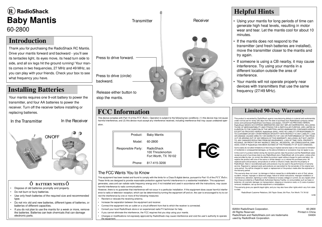 Radio Shack 60-2800 warranty Introduction, Installing Batteries, Helpful Hints, FCC Information 