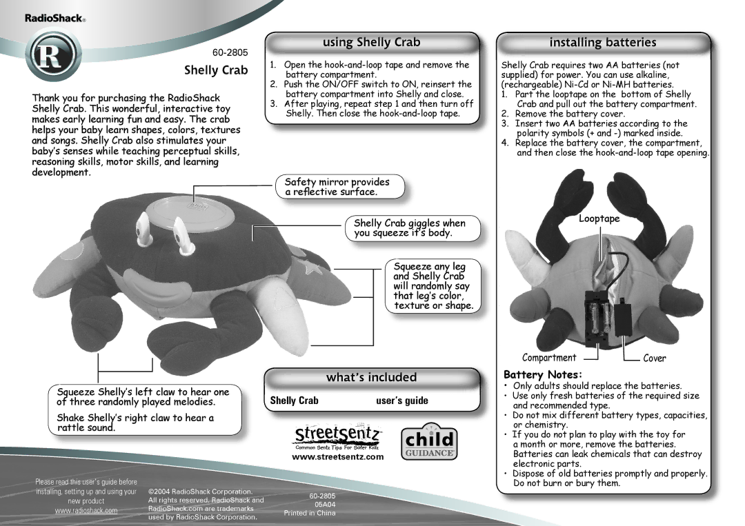 Radio Shack 60-2805 manual Shelly Crab User’s guide, Battery Notes, Squeeze Shelly‛s left claw to hear one 