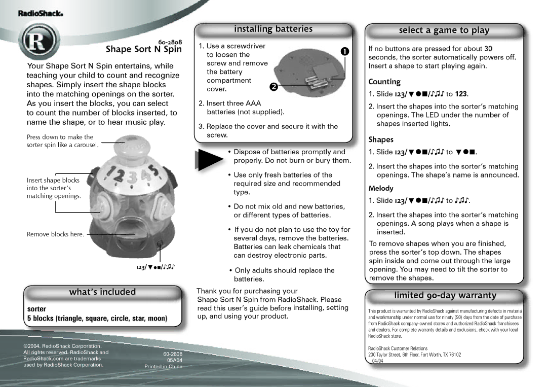 Radio Shack 60-2808 warranty Shape Sort N Spin, What’s included, Installing batteries, Select a game to play 