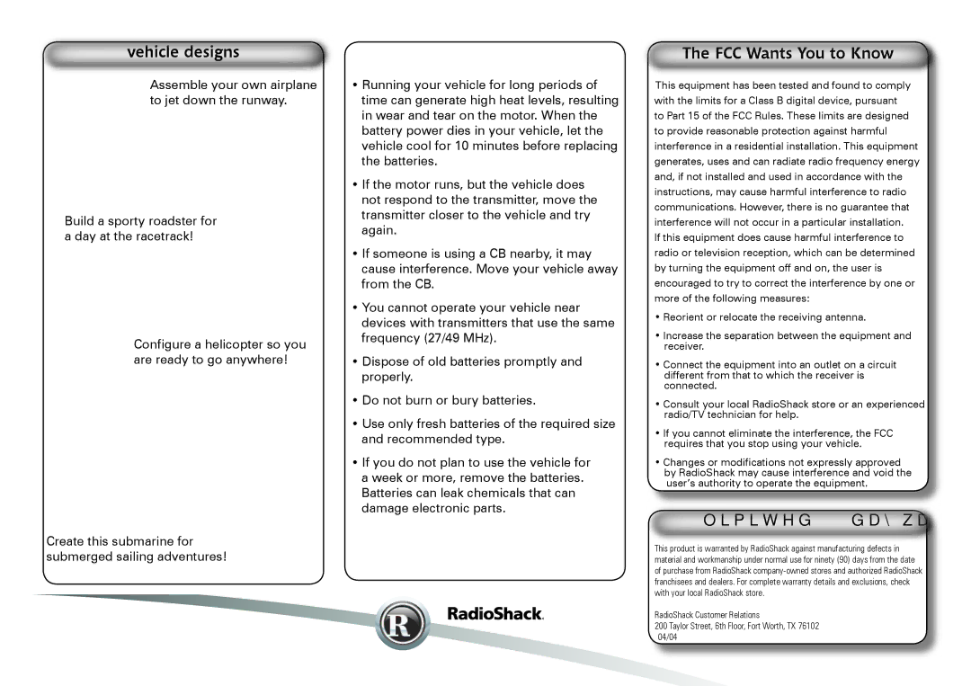 Radio Shack 60-2809 manual Vehicle designs, Helpful hints, FCC Wants You to Know, Limited 90-day warranty 