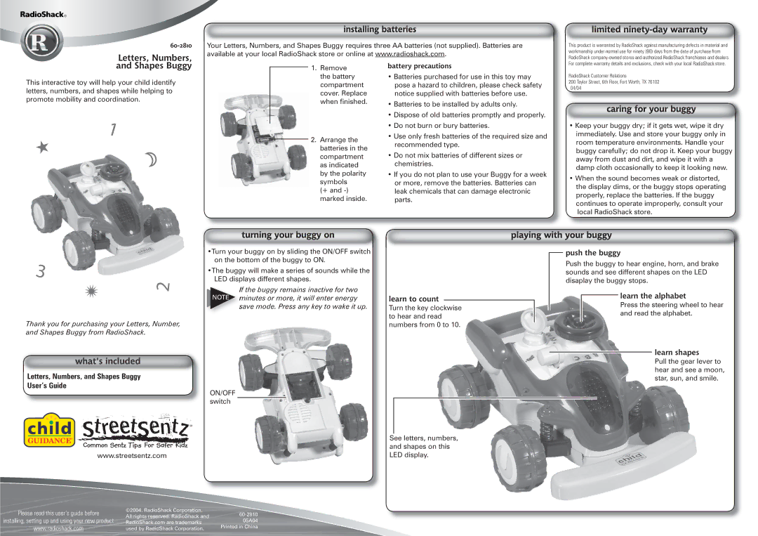 Radio Shack 60-2810 warranty Letters, Numbers, and Shapes Buggy User’s Guide 