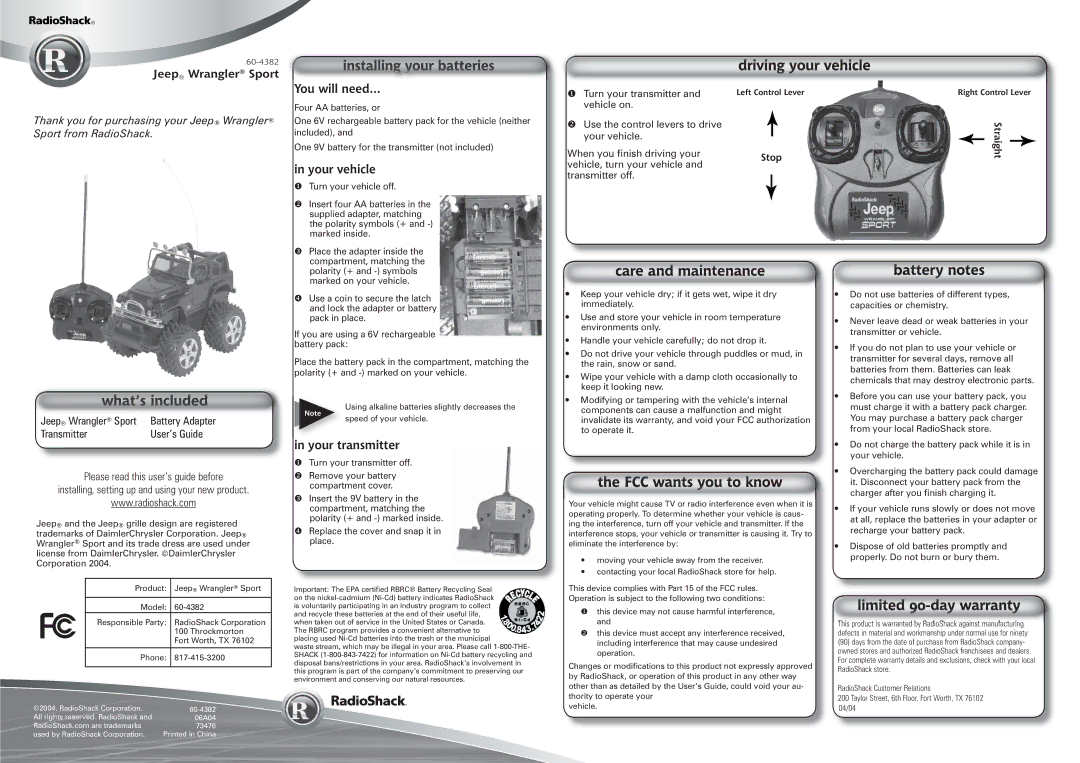 Radio Shack 60-4382 warranty Jeep Wrangler Sport You will need, Your vehicle, Your transmitter, Transmitter User’s Guide 