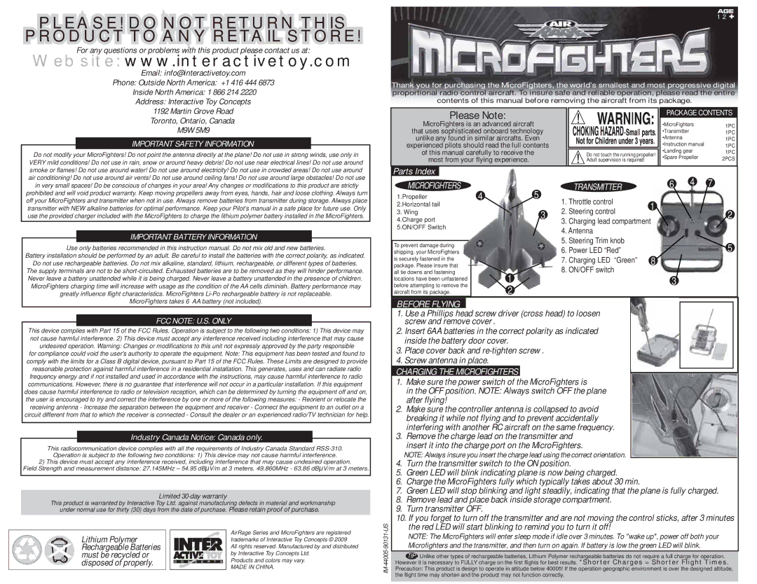 Radio Shack 60-479 warranty Transmitter, Before Flying, Charging the Microfighters 