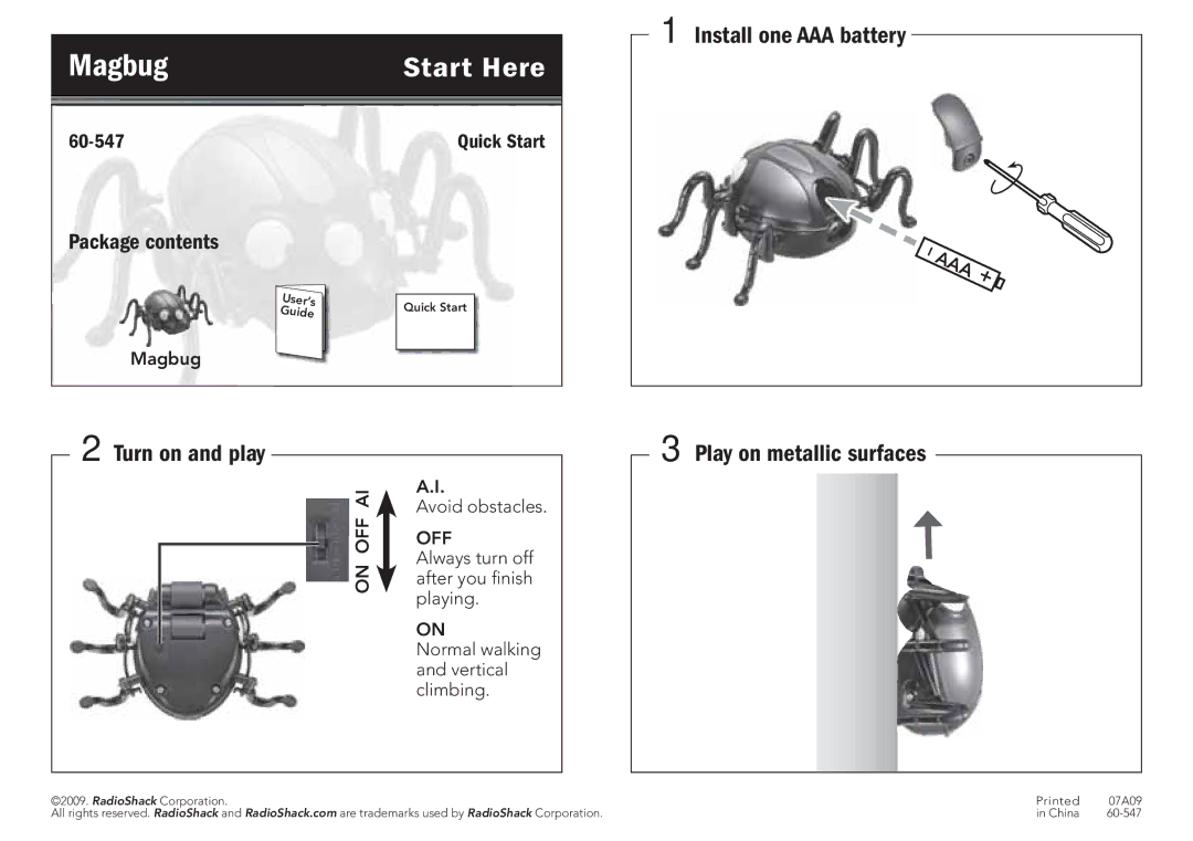 Radio Shack 60-547 quick start Magbug, Start Here, Install one AAA battery, 2Turn on and play, Play on metallic surfaces 