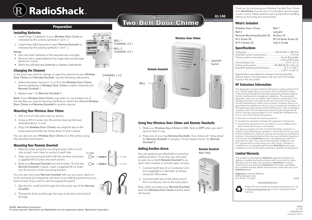 Radio Shack 61-140 specifications What’s Included, Installing Batteries, Speciﬁcations, Changing the Channel 