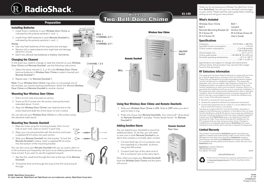 Radio Shack 61-140 specifications Two-BellDoor Chime, Wireless, Preparation 