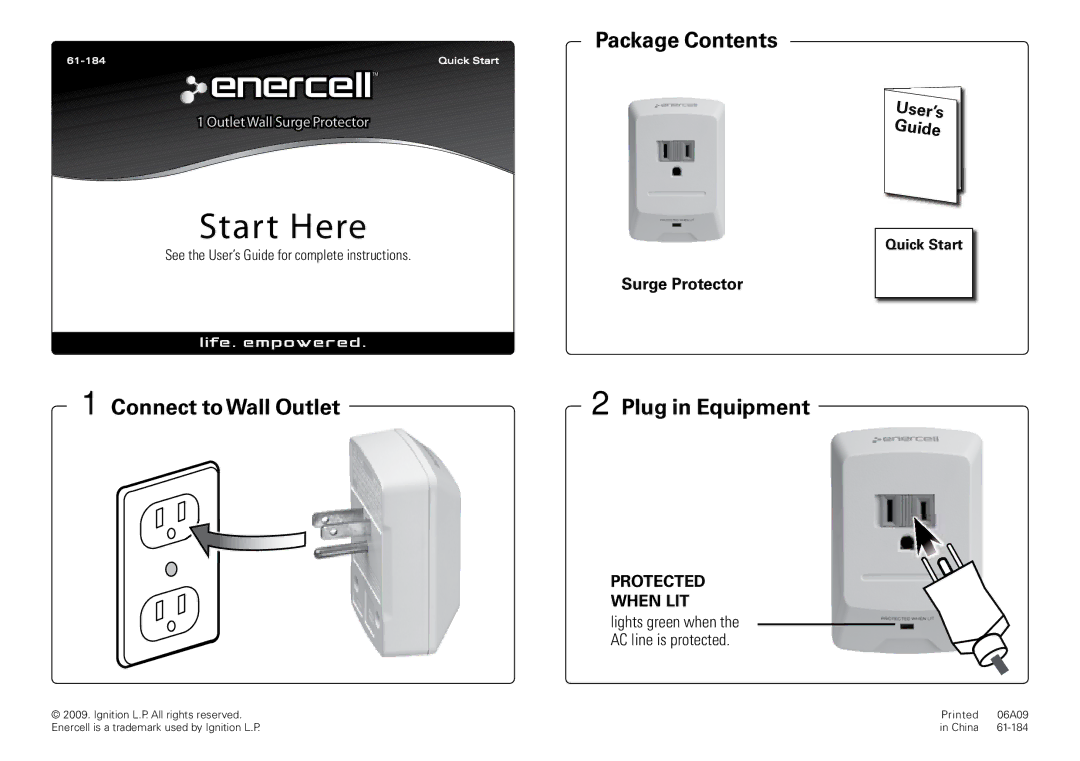 Radio Shack 61-184 quick start Connect to Wall Outlet Plug in Equipment, Protected When LIT 