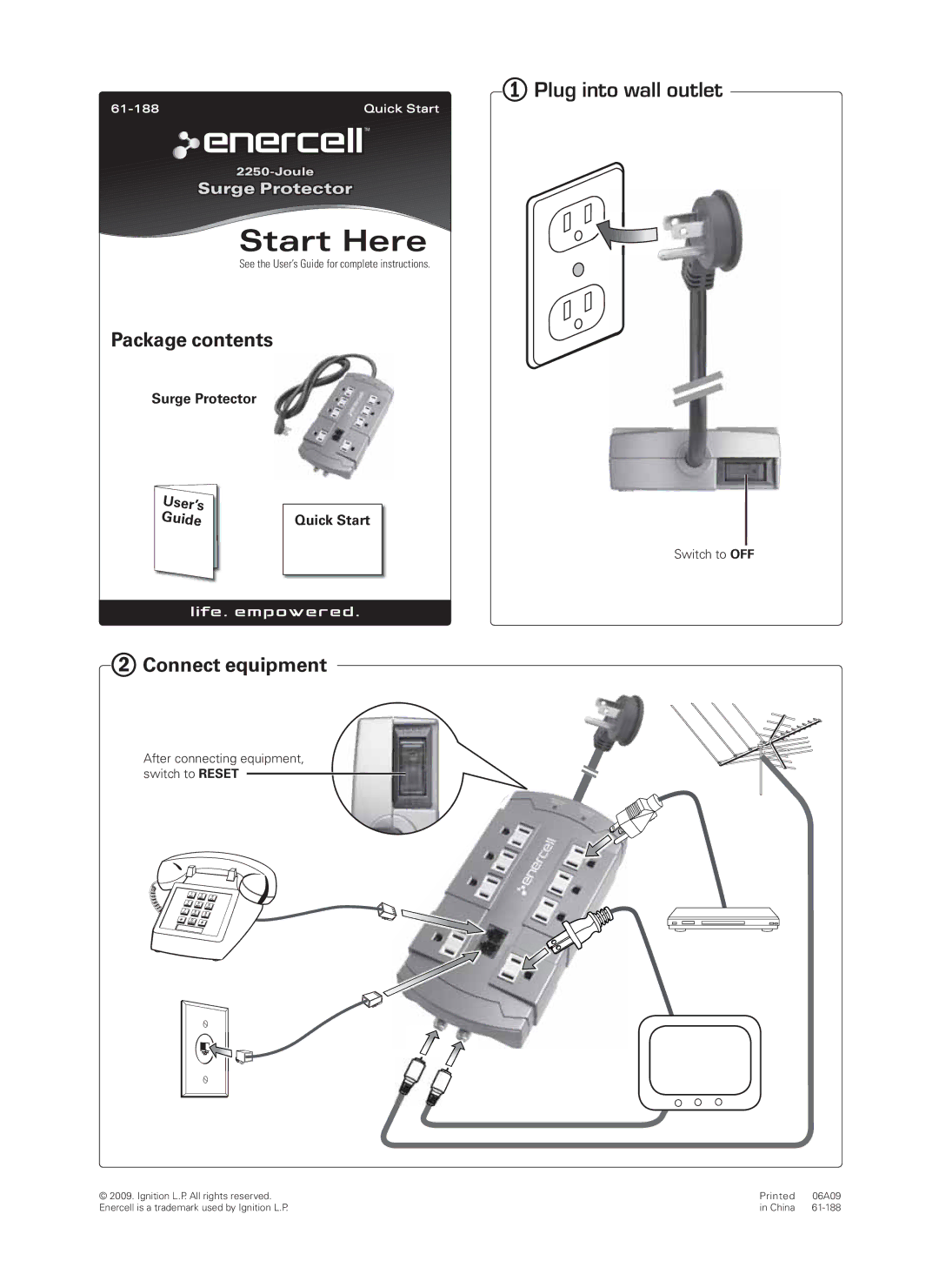 Radio Shack 61-188 quick start Start Here, Package contents,  Connect equipment, Switch to OFF 