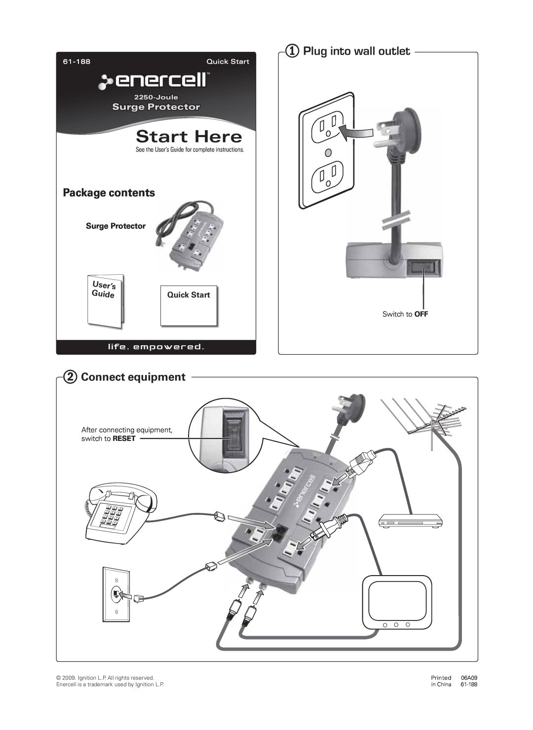 Radio Shack 61-188 quick start Start Here,  Plug into wall outlet, Package contents,  Connect equipment, Surge Protector 