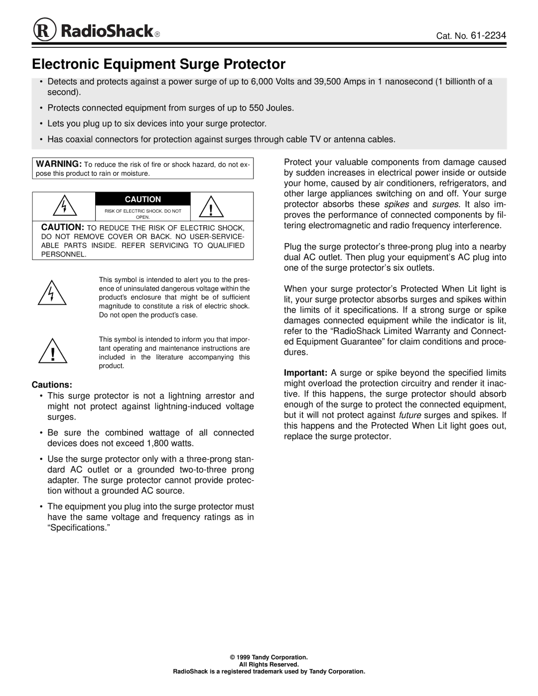 Radio Shack 61-2234 specifications Electronic Equipment Surge Protector 