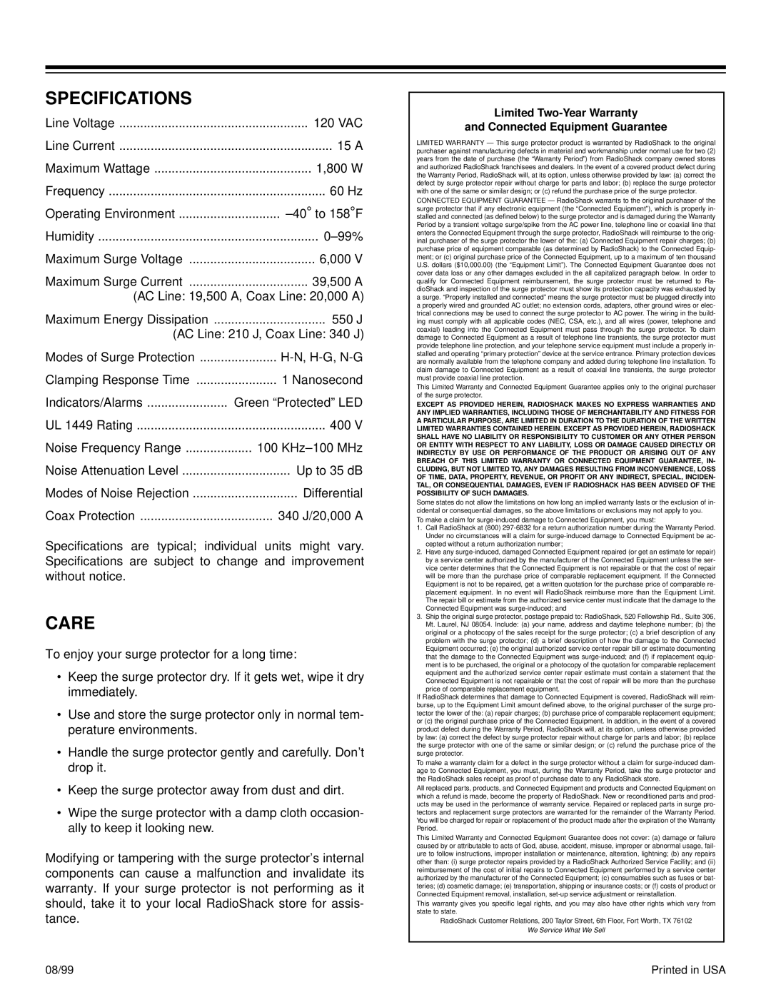 Radio Shack 61-2234 specifications Specifications, Care, Limited Two-Year Warranty Connected Equipment Guarantee 