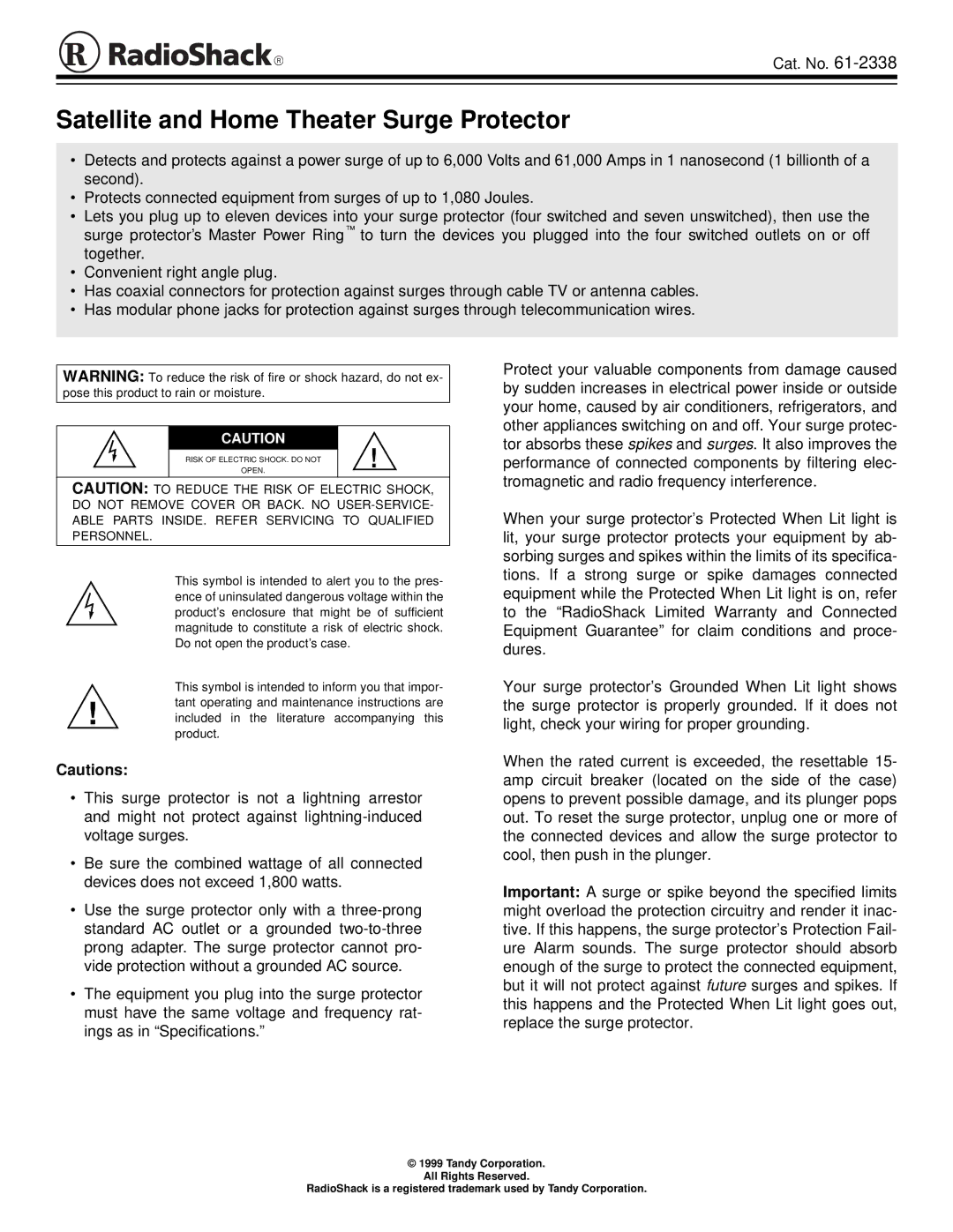 Radio Shack 61-2338 specifications Satellite and Home Theater Surge Protector 