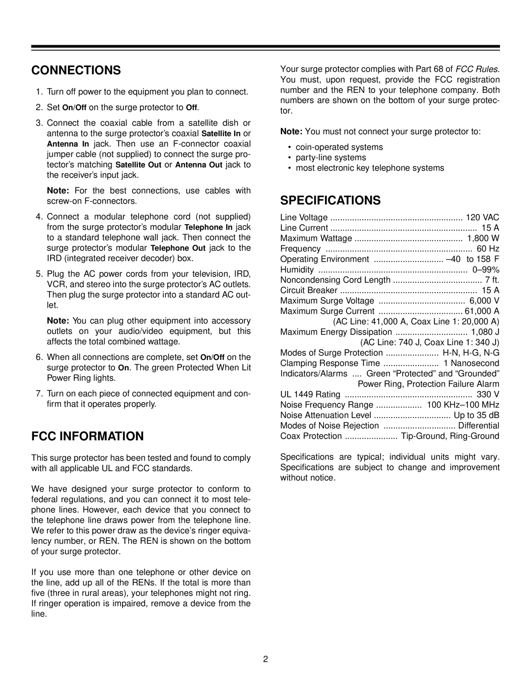 Radio Shack 61-2338 specifications Connections, FCC Information, Specifications 