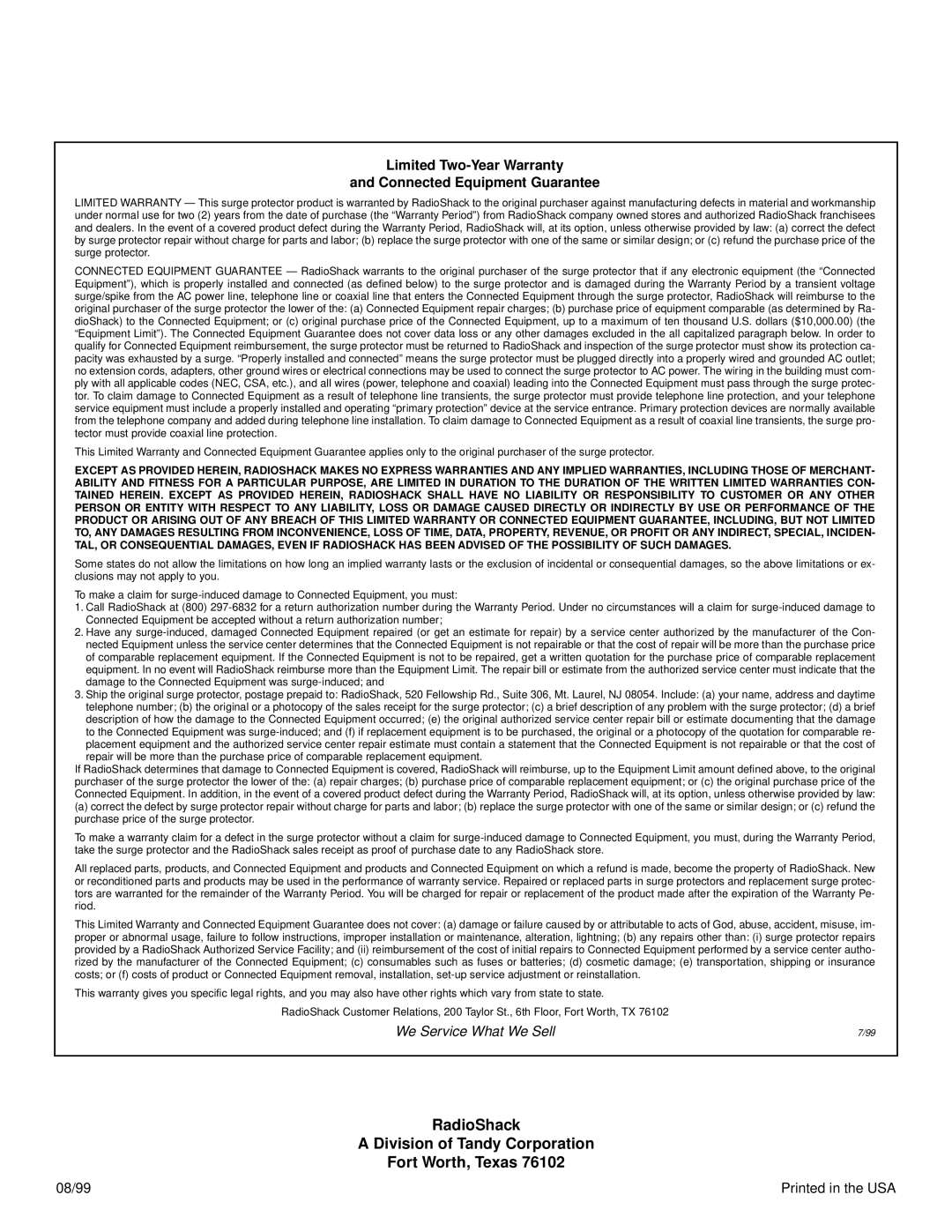 Radio Shack 61-2338 specifications RadioShack Division of Tandy Corporation Fort Worth, Texas 