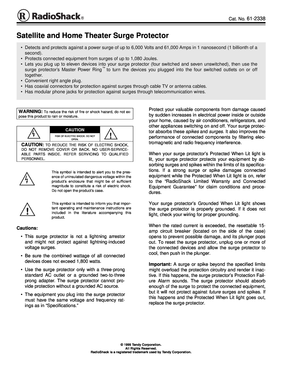 Radio Shack 61-2338 specifications Cautions, Satellite and Home Theater Surge Protector 