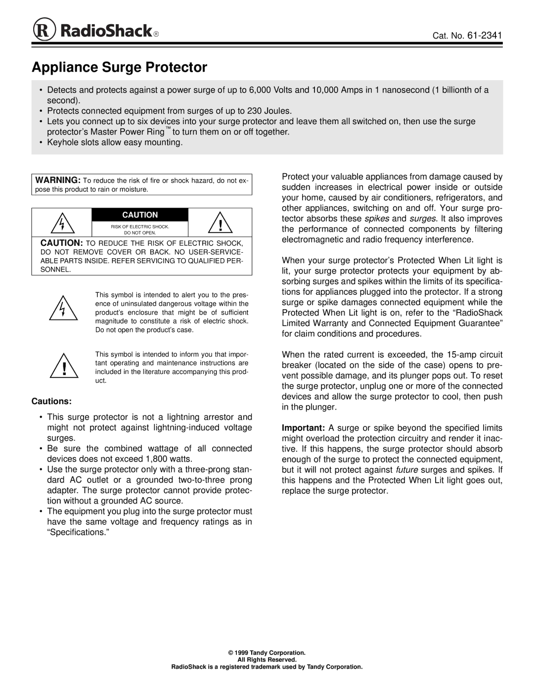 Radio Shack 61-2341 specifications Appliance Surge Protector 