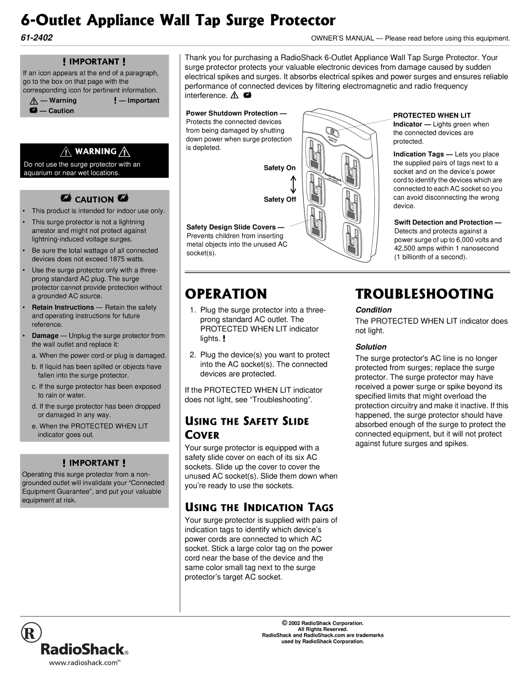 Radio Shack 61-2402 owner manual 124#6+10, 6417$.5*116+0, 75+06*5#65.+& %184, 75+06*+0&+%#6+106#5 