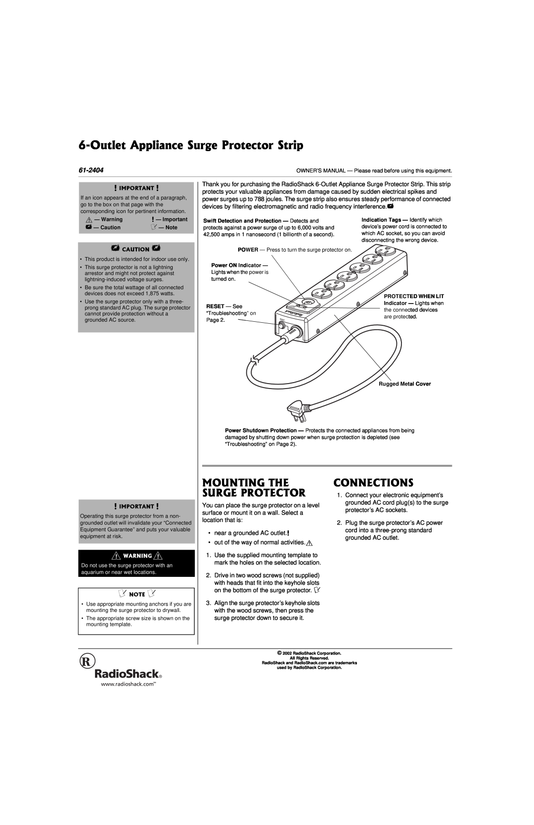 Radio Shack 61-2404 owner manual Mounting The Surge Protector, Connections, Outlet Appliance Surge Protector Strip 