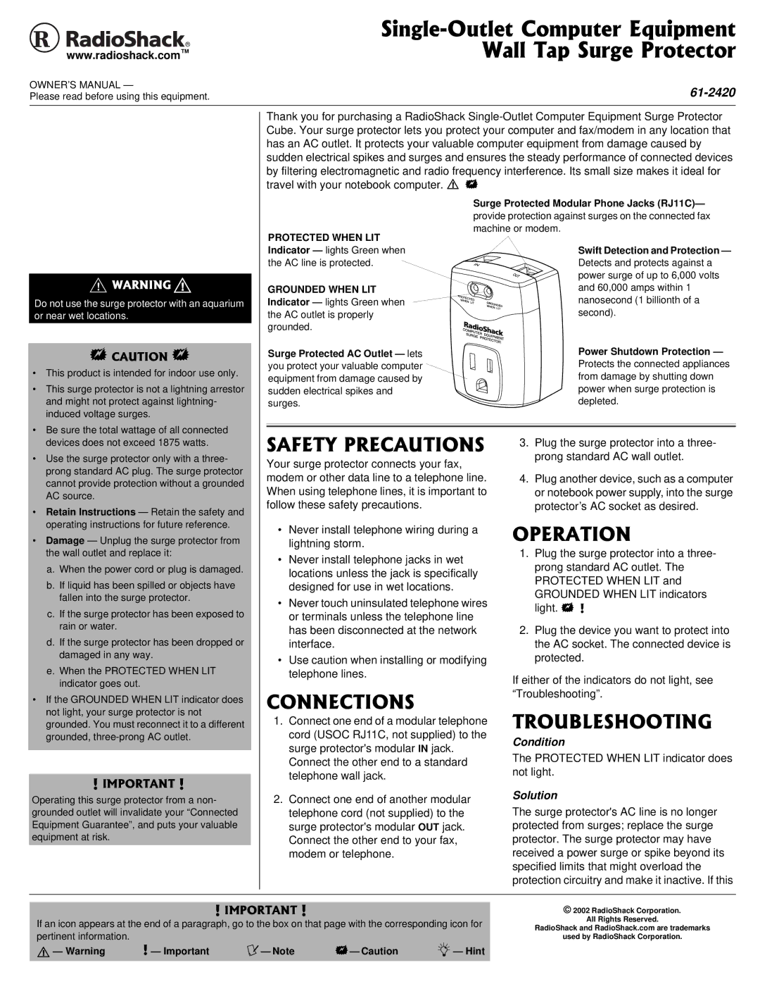 Radio Shack 305001082000, 61-2420, 04A02 owner manual #624%#76+105, 124#6+10, 100%6+105, 6417$.5*116+0 