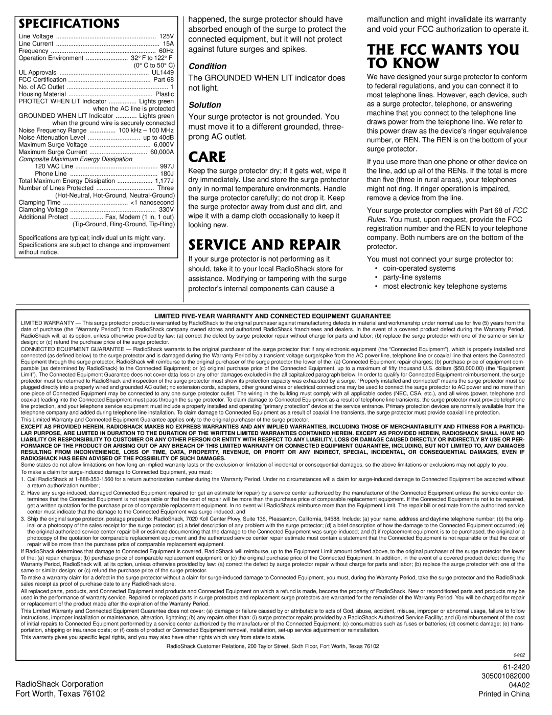 Radio Shack 04A02, 61-2420 548+%#0&42#+4, #06517, Grounded When LIT indicator does not light, RadioShack Corporation 