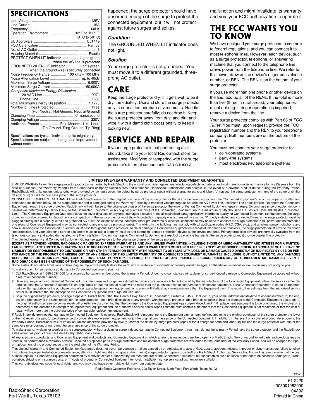 Radio Shack 61-2420 owner manual 548+%#0&42#+4, #06517, Grounded When LIT indicator does not light, RadioShack Corporation 