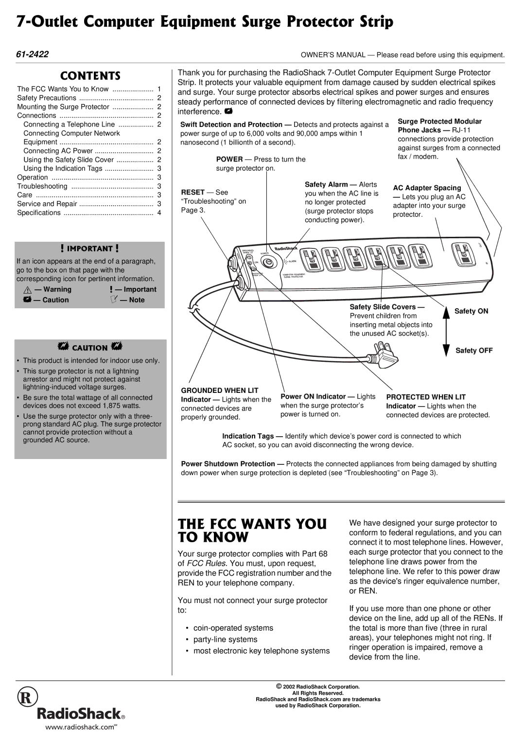 Radio Shack 61-2422 owner manual #06517, Grounded When LIT, Protected When LIT 