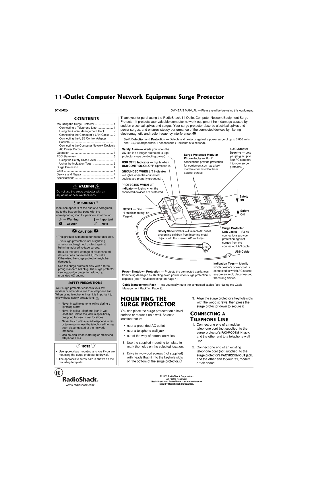 Radio Shack 61-2425 owner manual Mounting the Surge Protector, Contents 