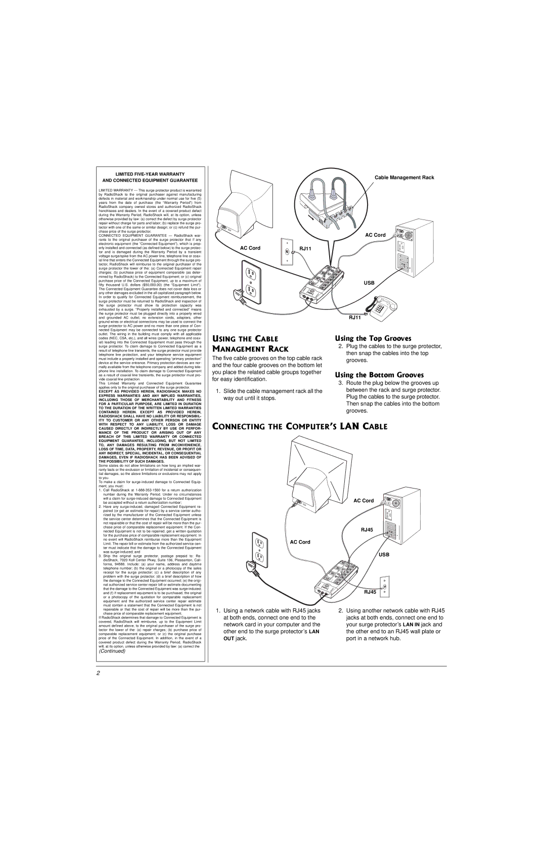 Radio Shack 61-2425 owner manual Using the Top Grooves, Using the Bottom Grooves, Connecting the COMPUTER’S LAN Cable, Usb 