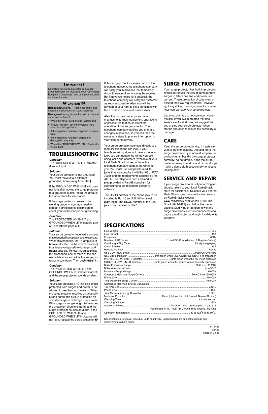 Radio Shack 61-2425 owner manual Surge Protection, Care, Troubleshooting, Service and Repair, Specifications 