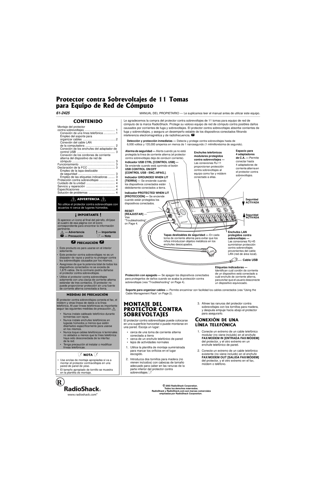 Radio Shack 61-2425 owner manual Montaje DEL, Protector Contra, Sobrevoltajes, Contenido 