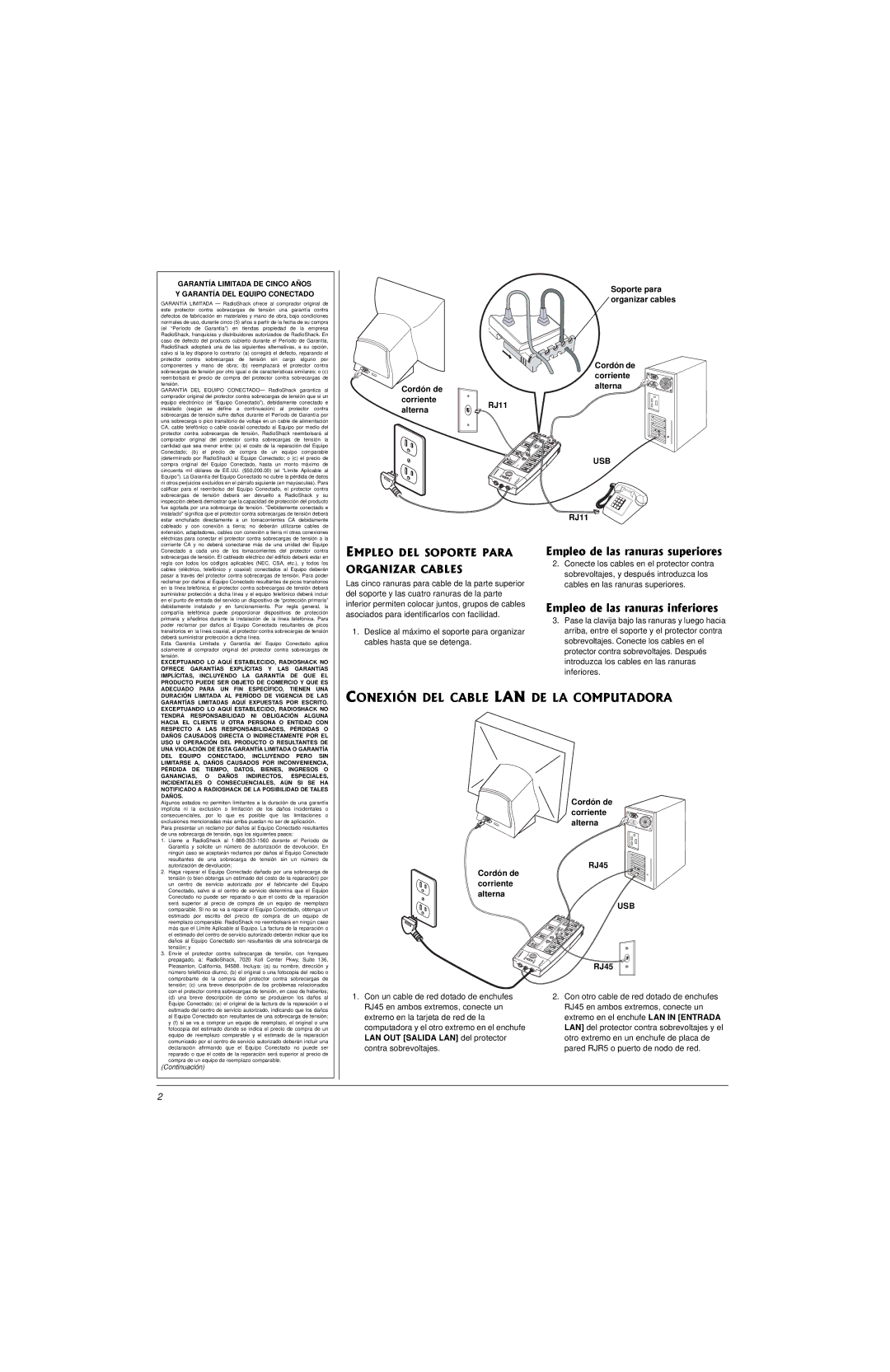 Radio Shack 61-2425 Empleo de las ranuras superiores, Empleo de las ranuras inferiores, Cordón de Alterna Corriente RJ11 