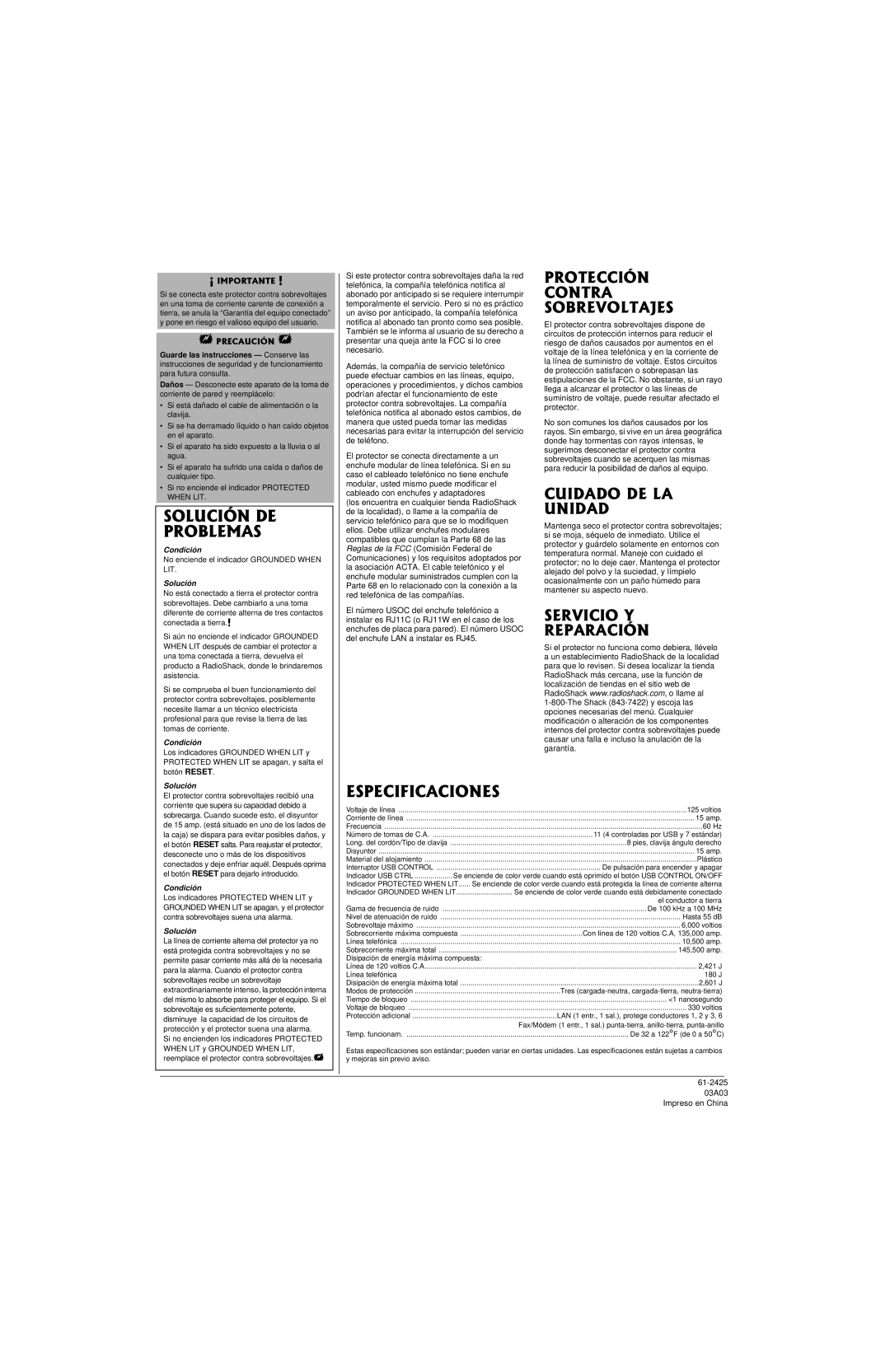 Radio Shack 61-2425 owner manual Solución DE, Problemas, Especificaciones 