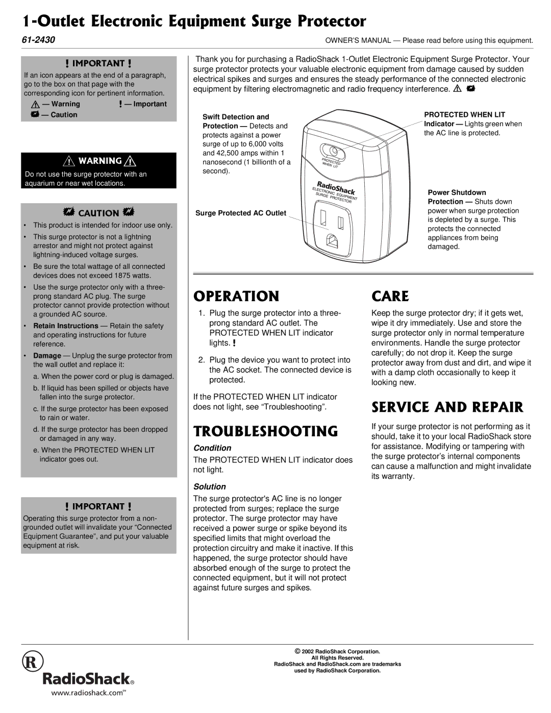 Radio Shack 61-2430 owner manual 124#6+10, 6417$.5*116+0, 548+%#0&42#+4 