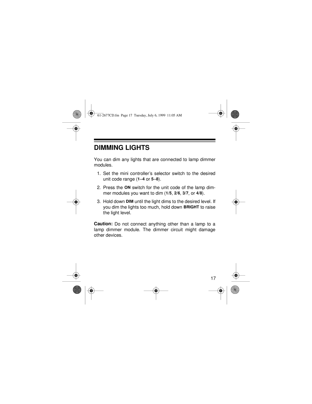 Radio Shack 61-2677C owner manual Dimming Lights 