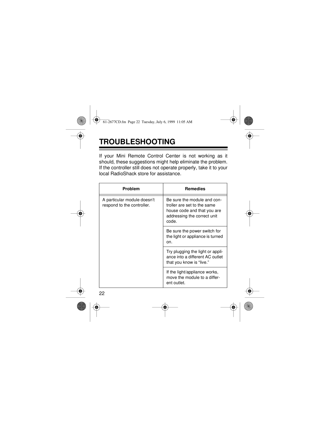 Radio Shack 61-2677C owner manual Troubleshooting, Problem Remedies 