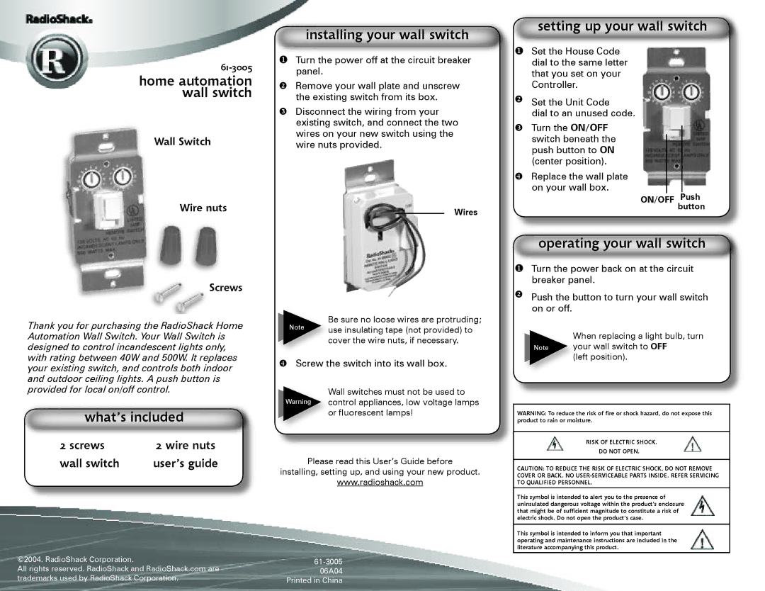 Radio Shack 61-3005 user service What’s included, Installing your wall switch, Setting up your wall switch 