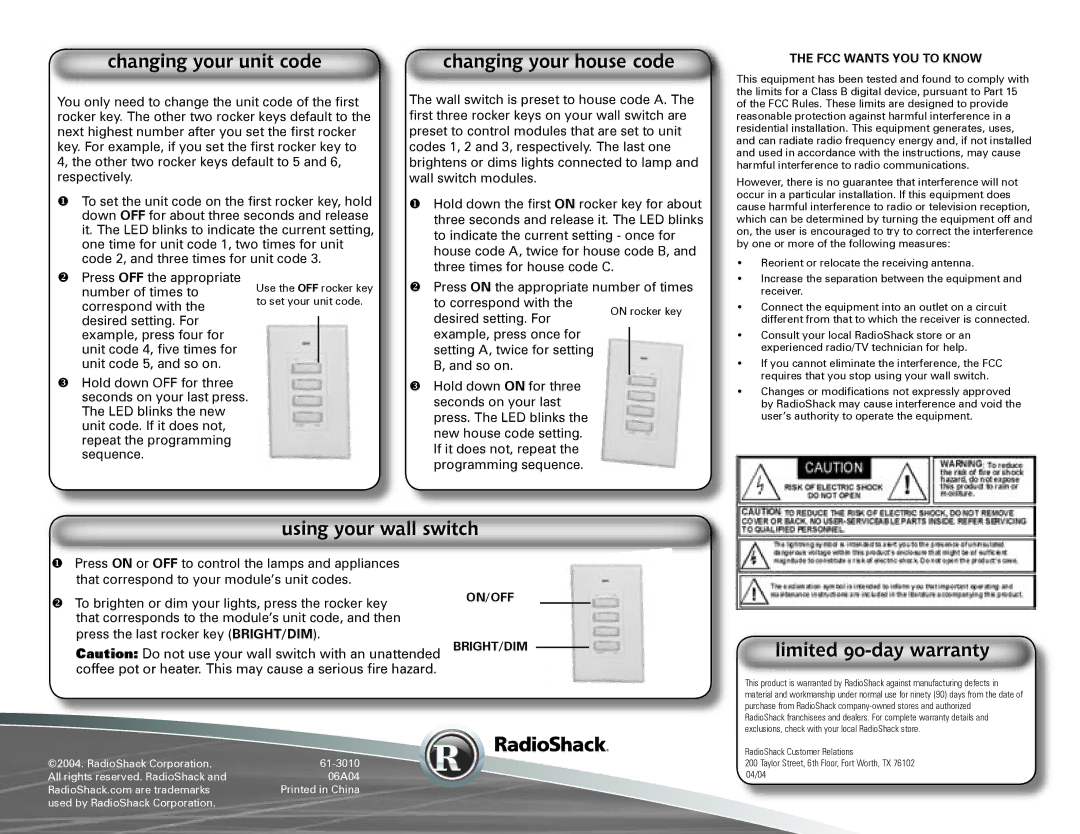 Radio Shack 61-3010 Changing your unit code, Changing your house code, Using your wall switch, Limited 90-day warranty 