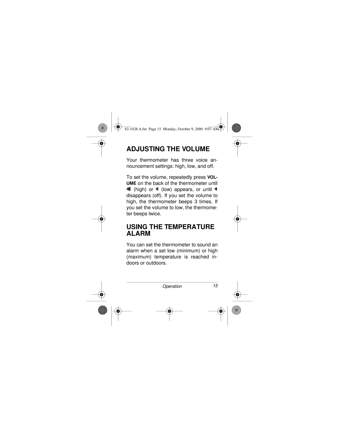 Radio Shack 63-1028 owner manual Adjusting the Volume, Using the Temperature Alarm 