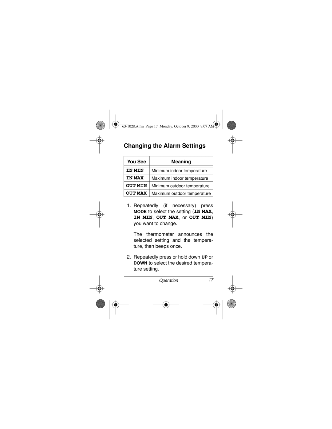 Radio Shack 63-1028 owner manual Changing the Alarm Settings, Out Max 