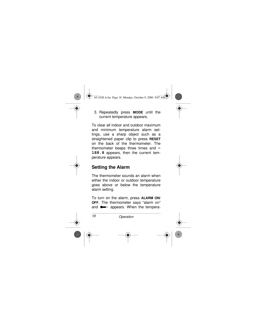 Radio Shack 63-1028 owner manual Setting the Alarm, Repeatedly press Mode until the current temperature appears 